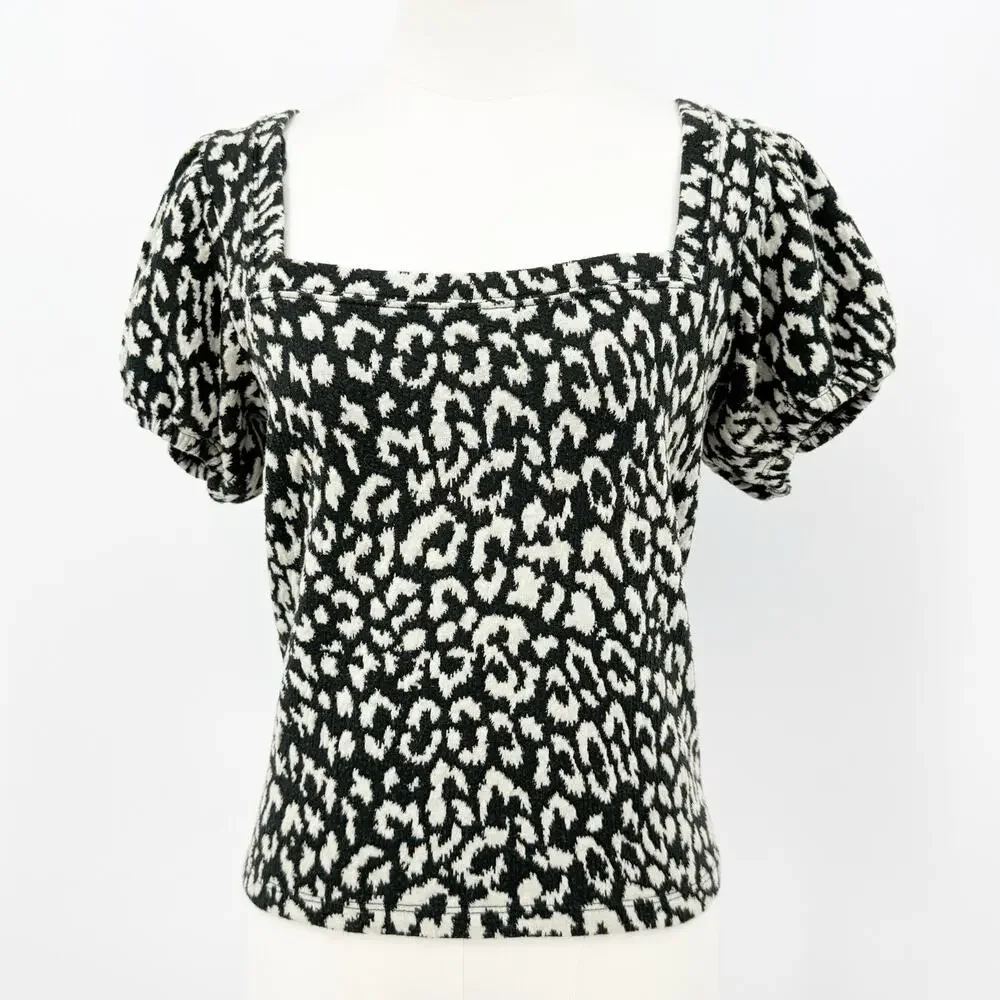 Free People No Type Top S Animal Print Square Neck Puff Short Sleeve Edgy‎ Boho